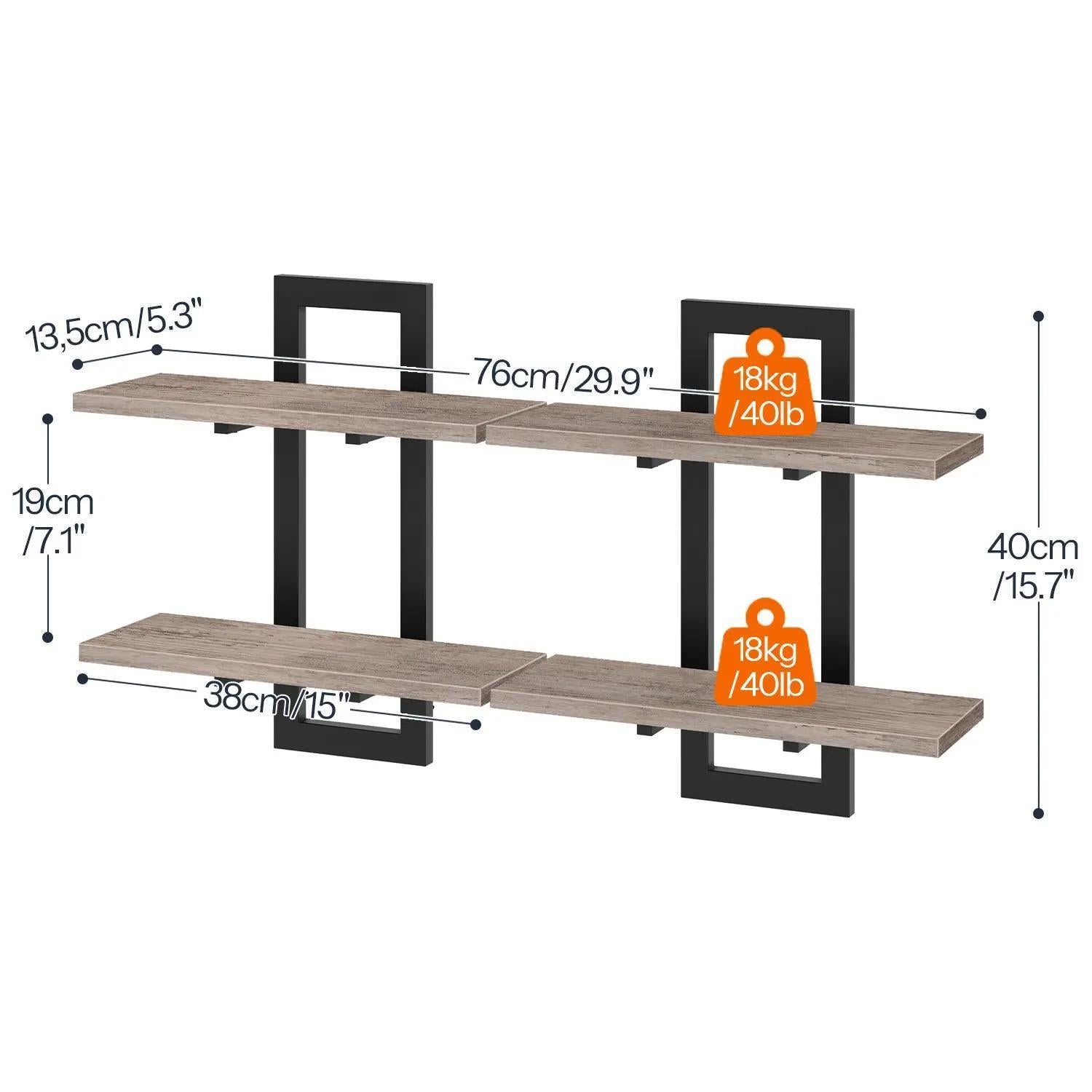 Set of 2 Double‑Tier Floating Wall Shelves, Wall‑Mounted Storage Display Racks, Heavy‑Duty Particleboard Metal Frame Wall Shelf for Kitchen Living Room Bedroom Bathroom Home Decor