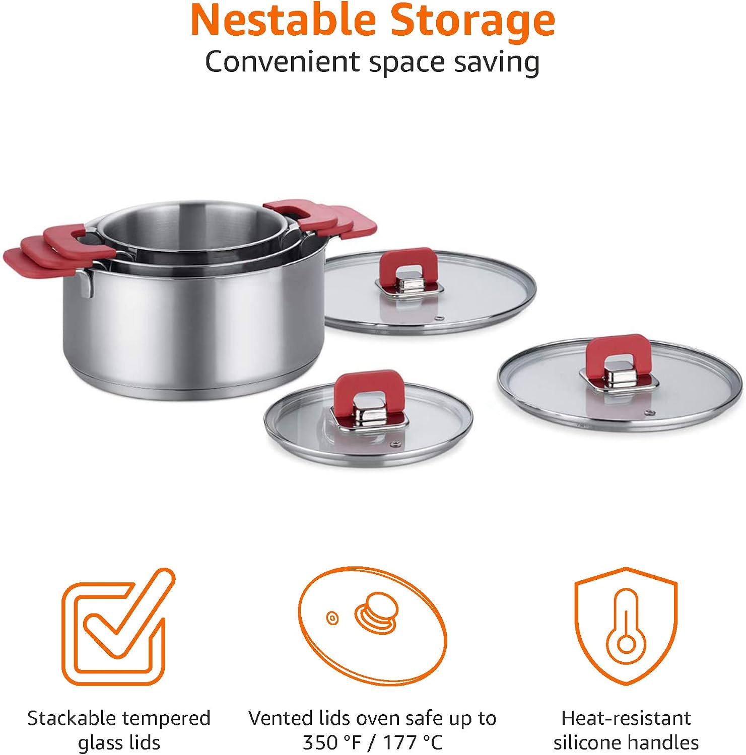 Basics 3‑Piece Stainless Steel Stackable Casserole Cookware Set, Induction Pots with Vented Lids & Soft‑Touch Handles, Dishwasher & Oven‑Safe, 16/20/24 cm