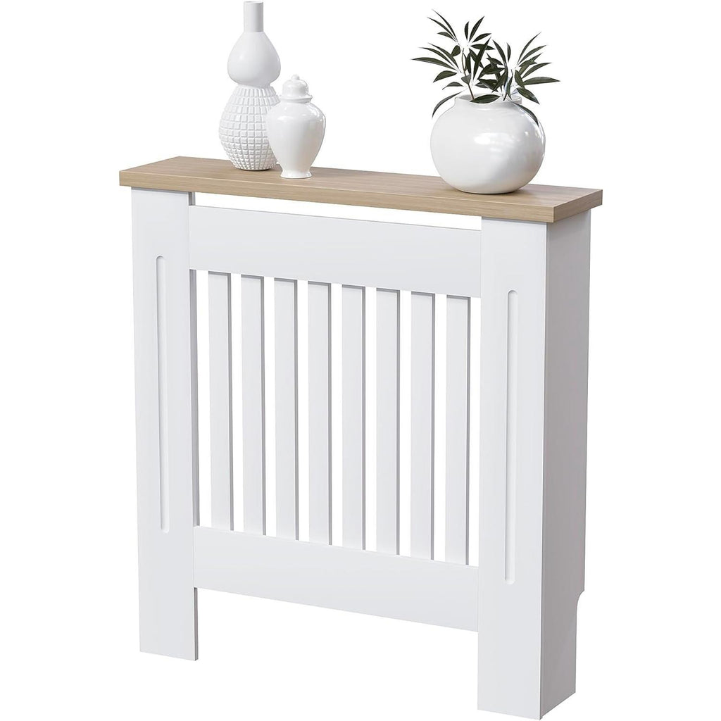【NS】White MDF Radiator Cover with Wood Shelf – Modern Slatted Grill Design, Small Size (H: 83.3 / W: 78 / D: 19 cm) [Plus A Free Gift]