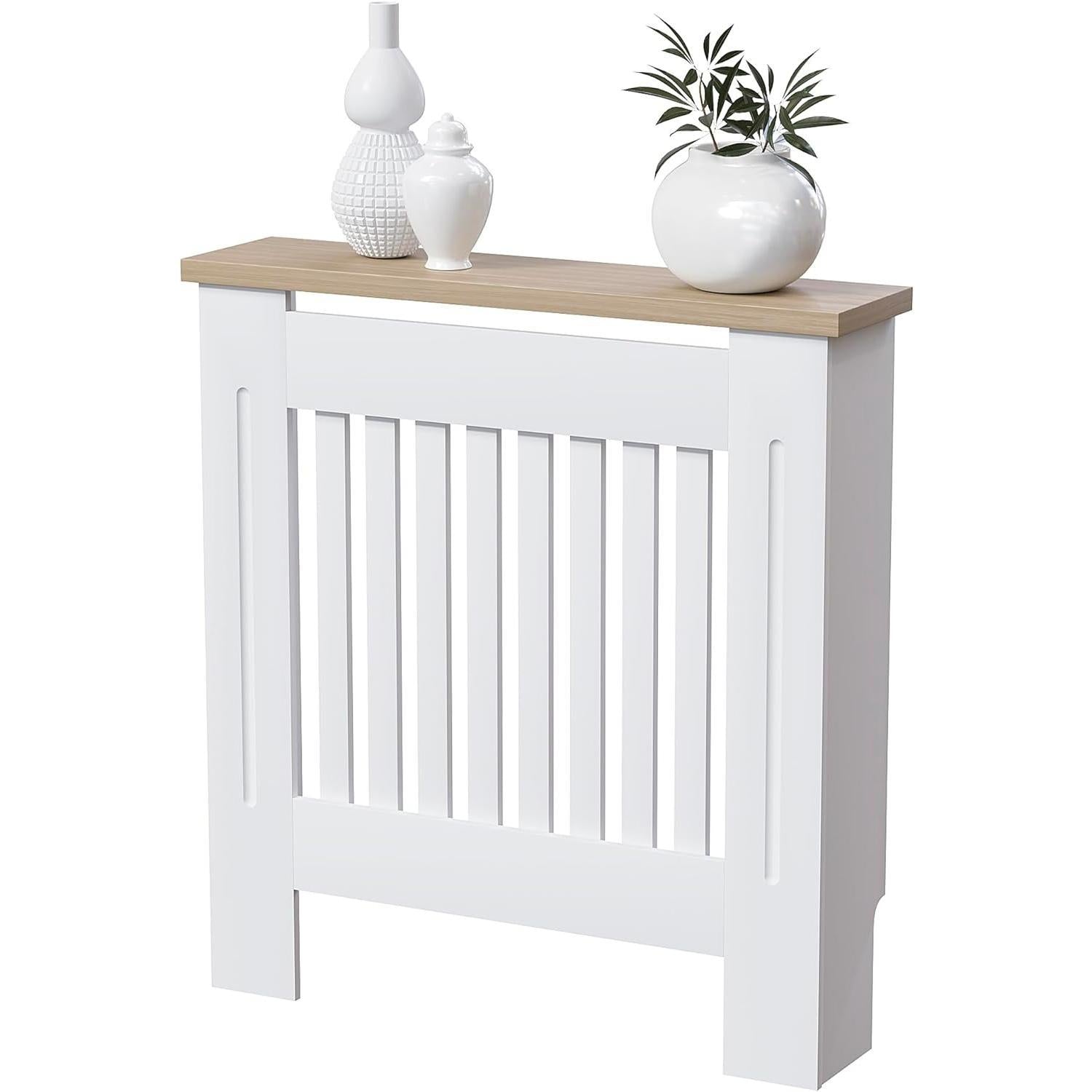 【NS】White MDF Radiator Cover with Wood Shelf – Modern Slatted Grill Design, Small Size (H: 83.3 / W: 78 / D: 19 cm) [Plus A Free Gift]