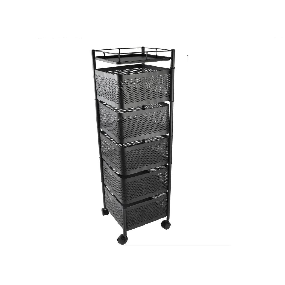 6 Tier Kitchen Rotating Storage Trolley Cart, Metal Mobile Rolling Shelf Rack Organizer with Drawers & Moveable Baskets, Multi‑Purpose Utility Cart for Vegetable Fruit Pantry Kitchen Supplies Home Storage