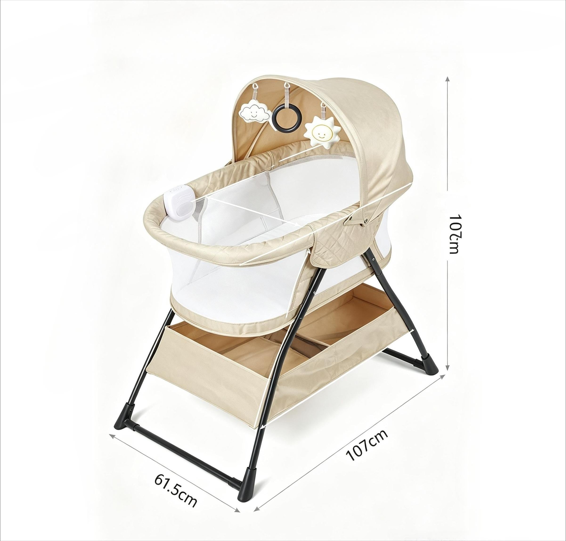 Sleepy Portable Side Crib & Moses Basket, Foldable Baby Sleeper with Gentle Vibration, Soothing Lullabies, Padded Mattress, Removable Canopy & Toys, Breathable Mesh Nursery Bed for Newborn