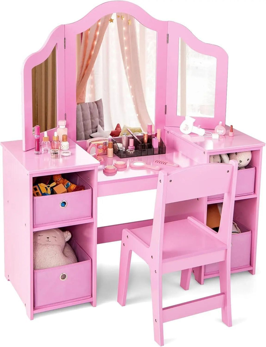 `2‑in‑1 Kids Vanity Table Set, Princess Dressing Desk with Removable Tri‑Fold Mirror, 4 Fabric Storage Bins & Matching Chair, Wooden Pretend Makeup Dresser for Girls for Bedroom Playroom Age 3+`
