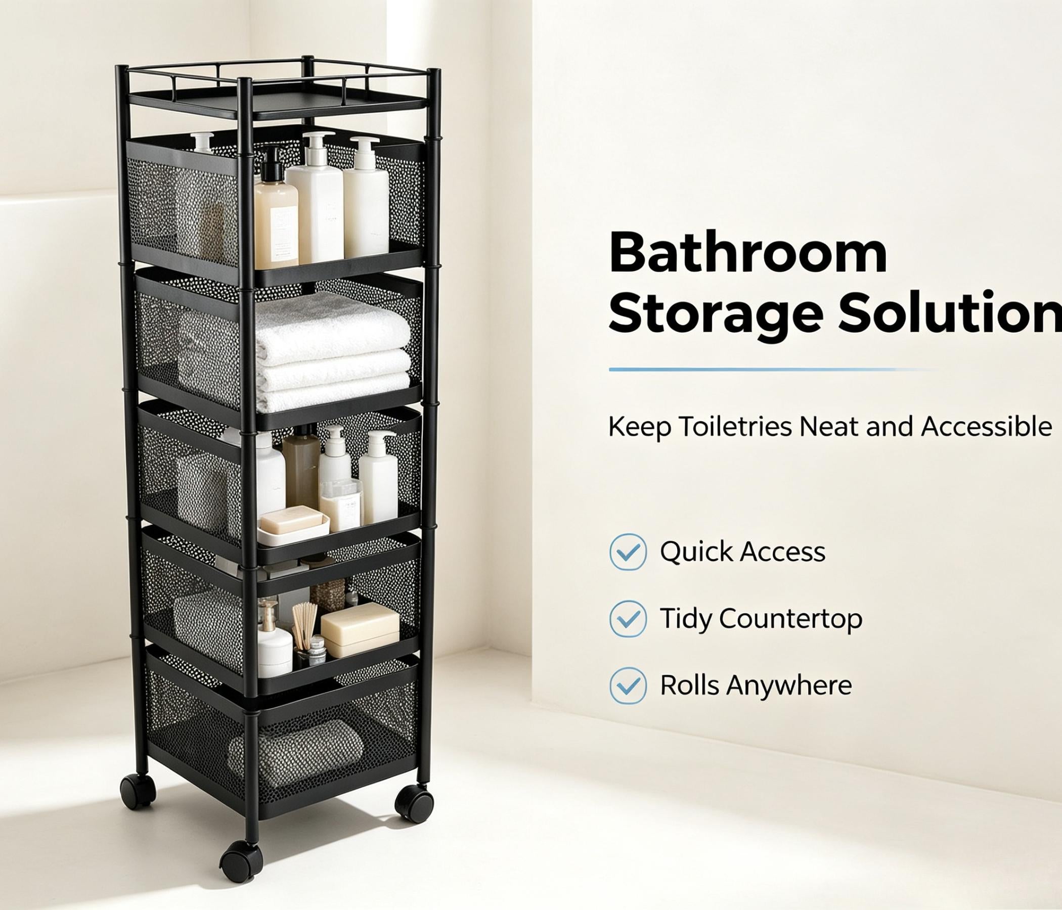 6 Tier Kitchen Rotating Storage Trolley Cart, Metal Mobile Rolling Shelf Rack Organizer with Drawers & Moveable Baskets, Multi‑Purpose Utility Cart for Vegetable Fruit Pantry Kitchen Supplies Home Storage