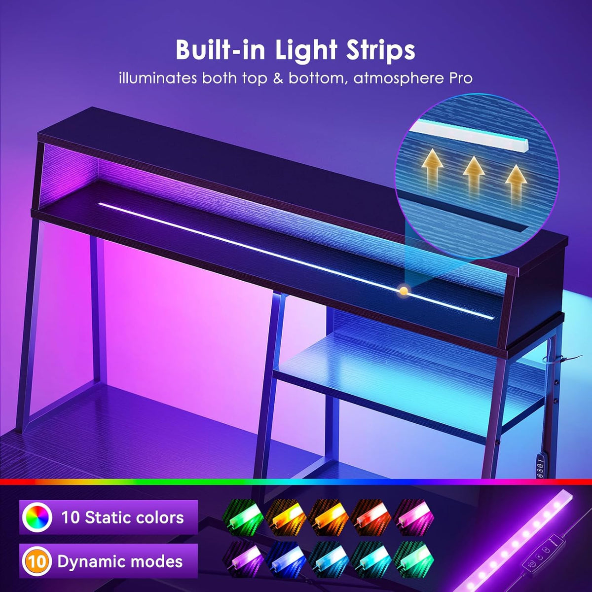 L Shaped Gaming Desk with Led Lights,  Reversible Corner Computer Desk with Display Shelves, PC Gaming Table with Storage Bag Black