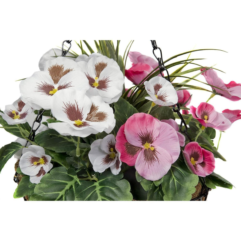 2 Pcs Coco Coir Artificial Hanging Planters, Fake Pink White Pansies Floral Arrangement with Decorative Grasses, UV Waterproof Hanging Basket for Indoor Outdoor Garden Decor