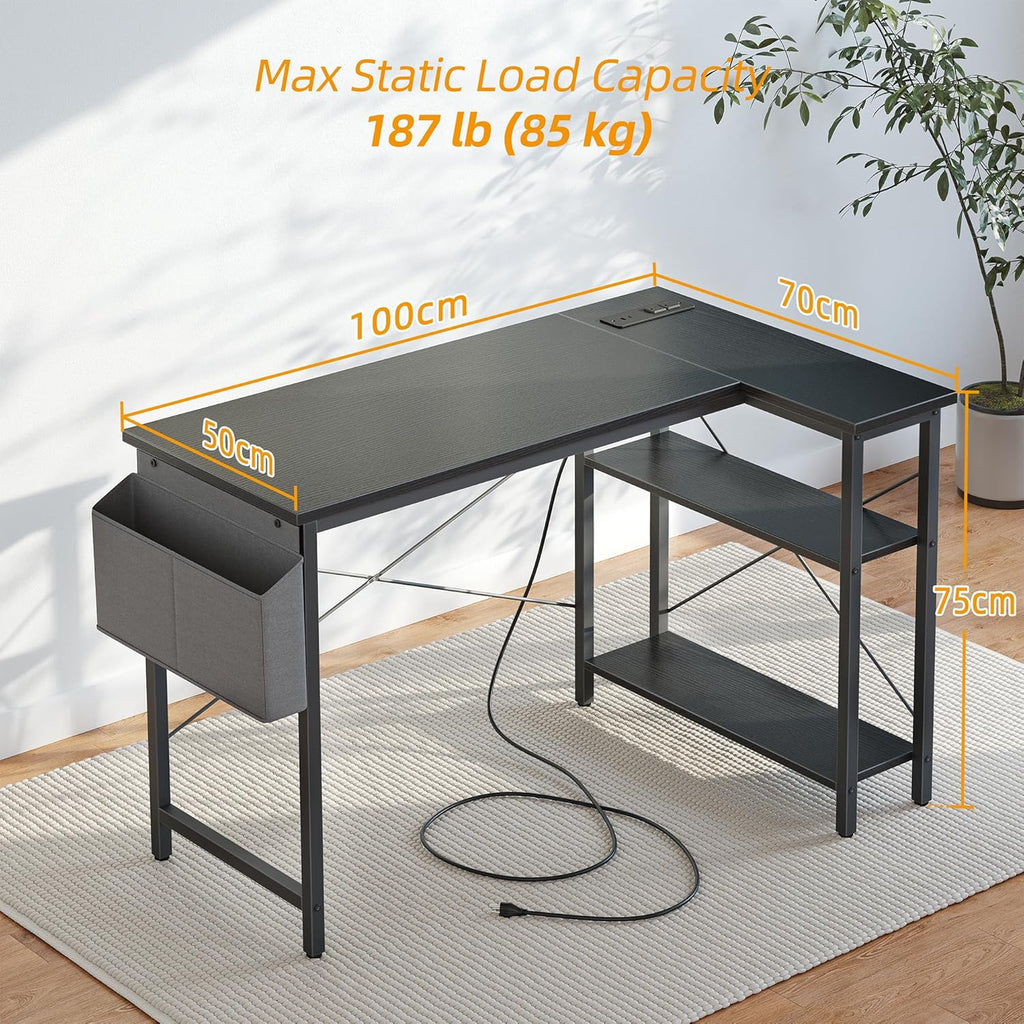 Small L Shaped Desk - 100x70cm Gaming Corner Computer Desk Writing Table, Reversible Large Storage Shelves, Bookshelf Workstation for Study Play Work Home Office Black