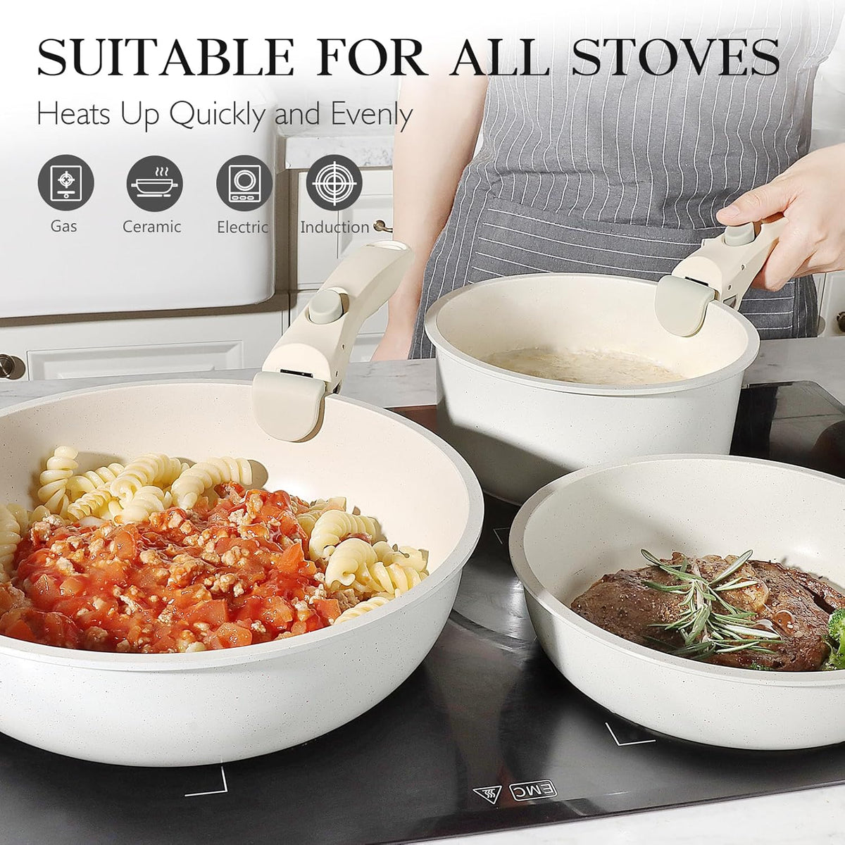 Detachable Handle Cookware Set, Non-Stick Pots and Pans with Lids, Portable Kitchen Cooking Set for Home & Outdoor Camping, Stackable Space-Saving Cookware