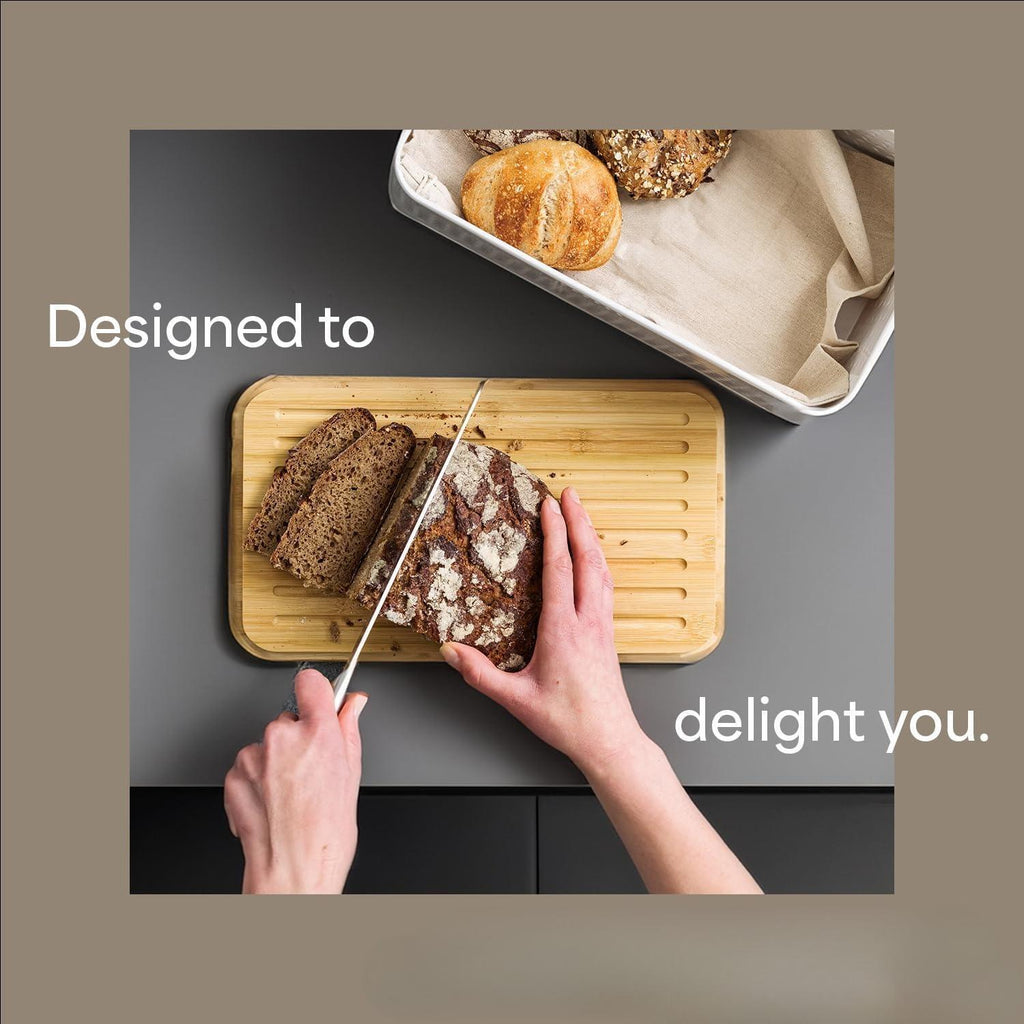 Bread Box I Metal bread box with linen bag for long lasting freshness I Baked goods Bin with bamboo lid usable as cutting board I 13.4x7.3x5.3In (Ash Gray)
