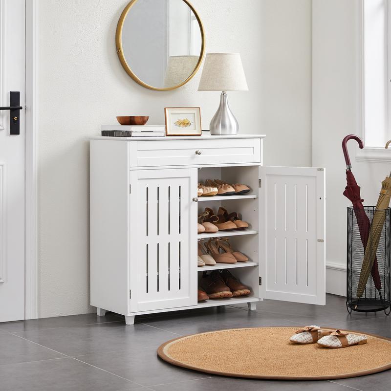 Freestanding Wooden Shoe Storage Cabinet, 4‑Tier Shoe Organiser with Drawer & Doors, Adjustable Shelves, Anti‑Tipping Design, Holds 15‑18 Pairs Shoes for Entryway Hallway Bedroom