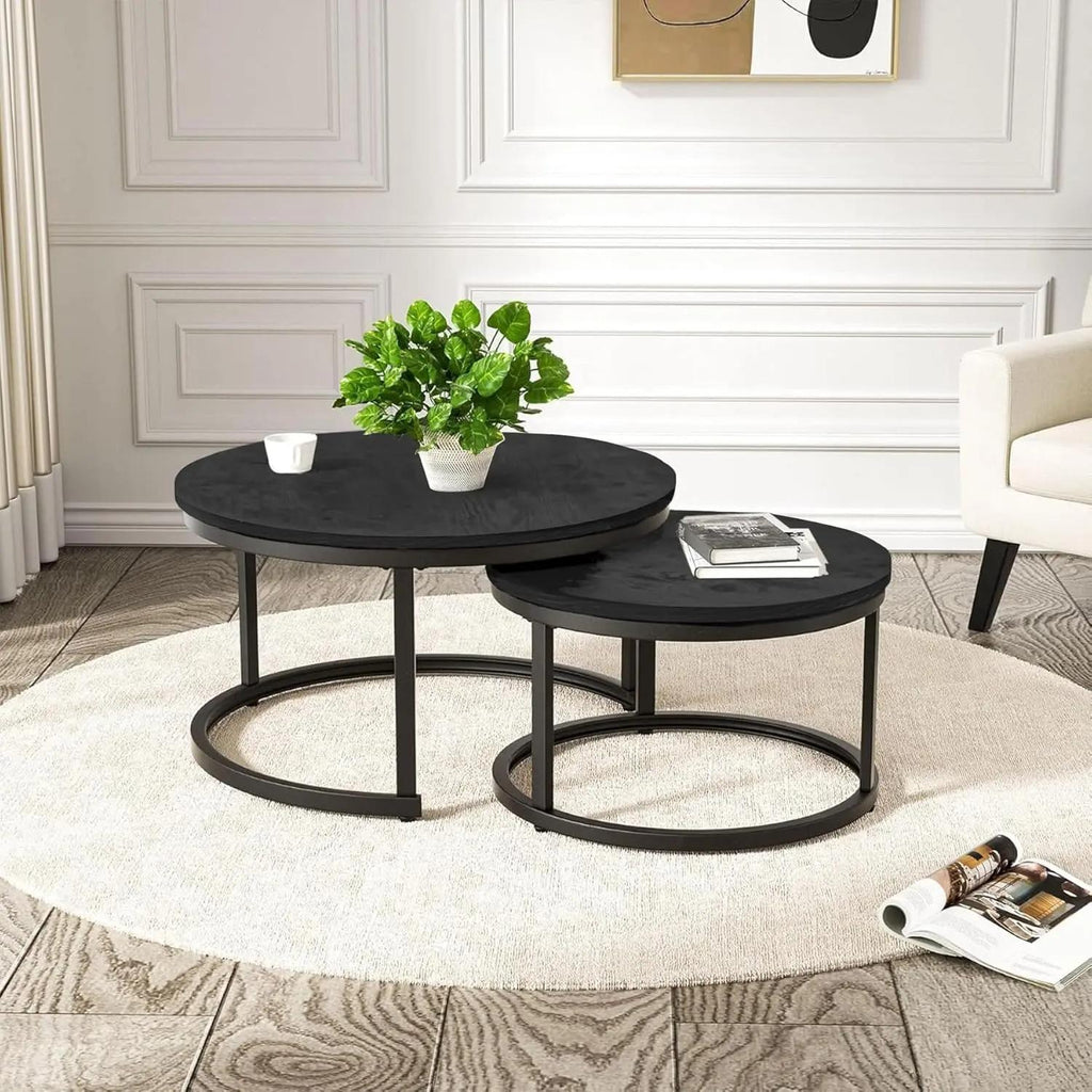 Set of 2 Round Nesting Coffee Tables Multi-Functional Side End Table with Sturdy Metal Frame Space Saving Accent Furniture for Living Room Bedroom Apartment Modern Industrial Minimalist Style