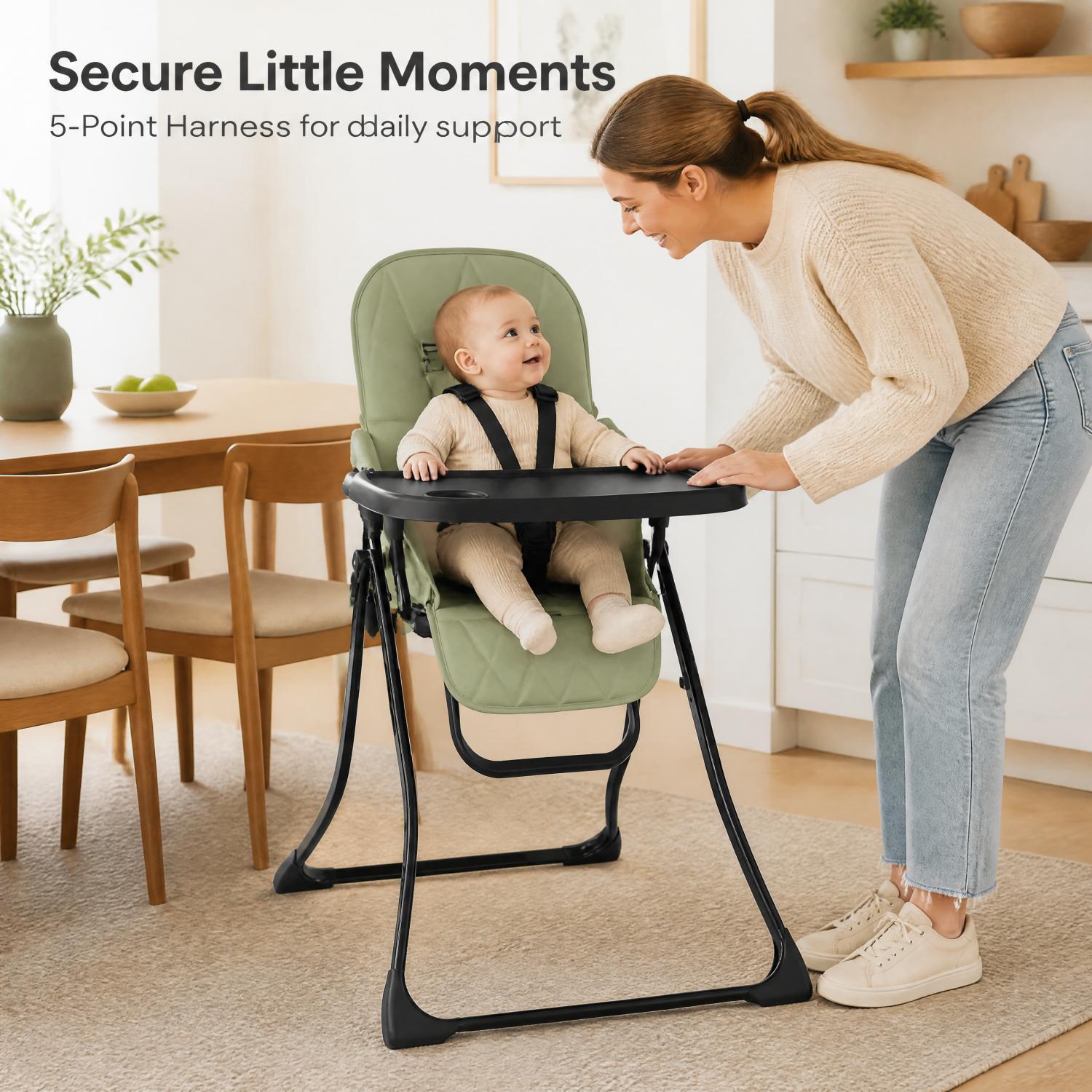 Ultra‑Slim Flip‑Fold Highchair with Super‑Quick Compact Fold, Removable Tray & Wipe‑Clean Cover, 5‑Point Harness, and Footrest – The Perfect Space‑Saving Dining Seat for Babies up to 15kg
