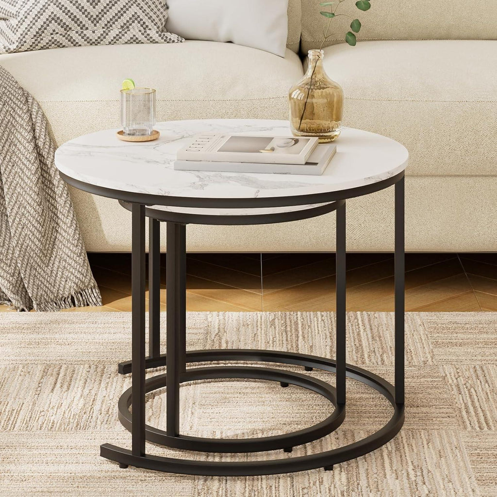 Elegant Round Nesting Coffee Tables –  Removable End Tables with Gold Metal Frame Legs & Marble Tops | Perfect for Living Room, Bedroom, Office & Balcony