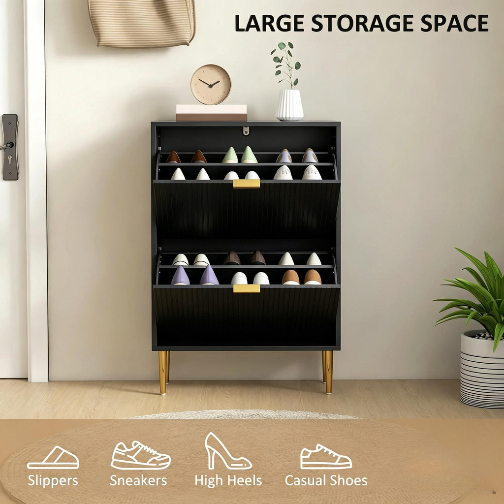Narrow Shoe Cabinet with 2 Flip Drawers, Modern Slim Shoe Storage Cabinet with Fluted Doors, Gold Handles & Adjustable Shelves, Freestanding Shoe Organizer for Hallway Entryway, Holds 12 Pairs of Shoes