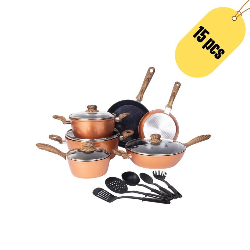 15‑Piece Nonstick Cookware Set – Granite Ceramic Coating for Effortless Food Release & Easy Cleaning, Induction‑Compatible Reinforced Base, Heat‑Insulated Wood‑Grain Handles, Includes 5 Pots, 4 Lids & 6 Utensils – Ideal for Daily Home Cooking
