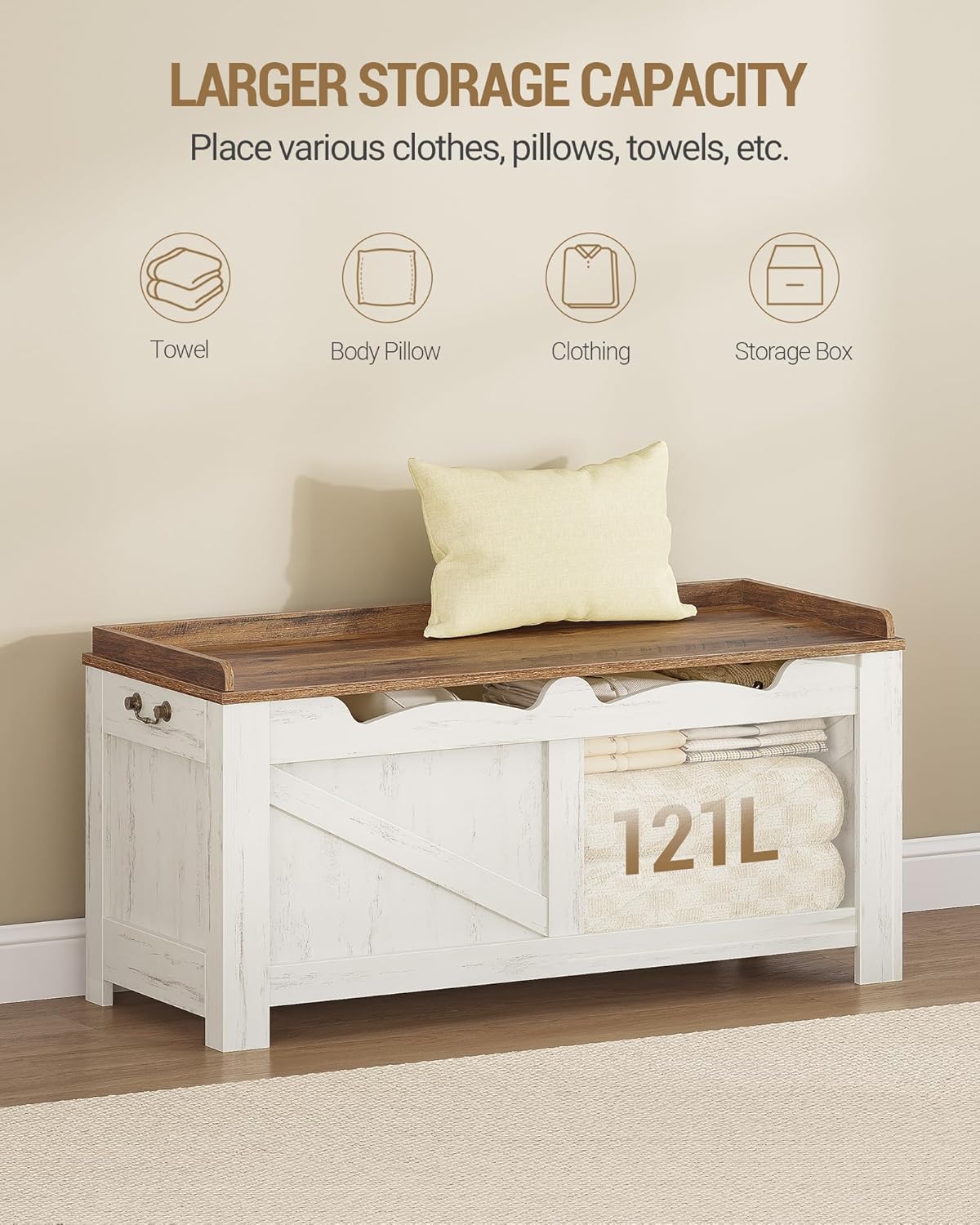 Extra‑Large Lift‑Top Storage Ottoman Bench, Wooden Storage Chest Trunk with Safety Hinges, Multifunctional Shoe Bench Cabinet for Entryway Bedroom Living Room Hallway