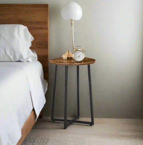 Industrial Round End Table, Small Bedside Nightstand with X‑Shaped Metal Frame, Multifunctional Accent Side Table, Plant Stand for Living Room, Bedroom & Hallway