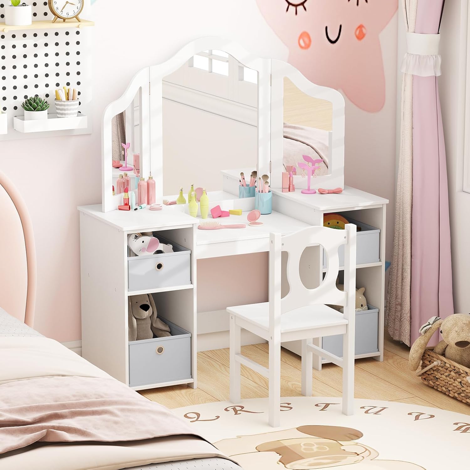 【NS】Kids Vanity Table and Stool Set, Princess Makeup Dressing Tables with Tri-Folding Detachable Mirror, 4 Storage Shelves, Wooden Children Study Desk for 3+ Years Old (White with Grey Bins)
