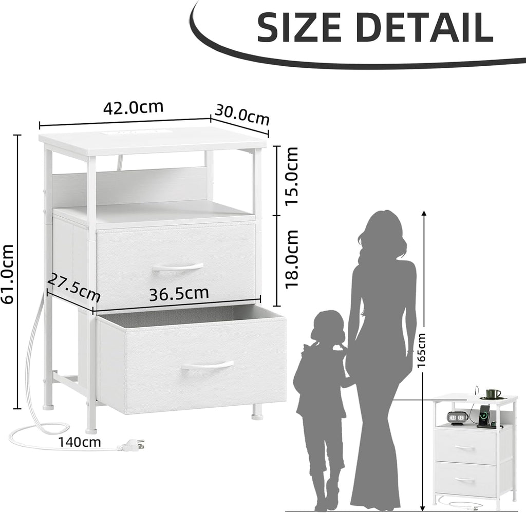 【NS】Bedside Table with Charging Station and LED Light, Bedroom 2 Drawers Bedside Cabinet with 2 Outlets and 2 USB Ports, Bed Side Table for Dorm Kids Room Closet, Wood Grain Print