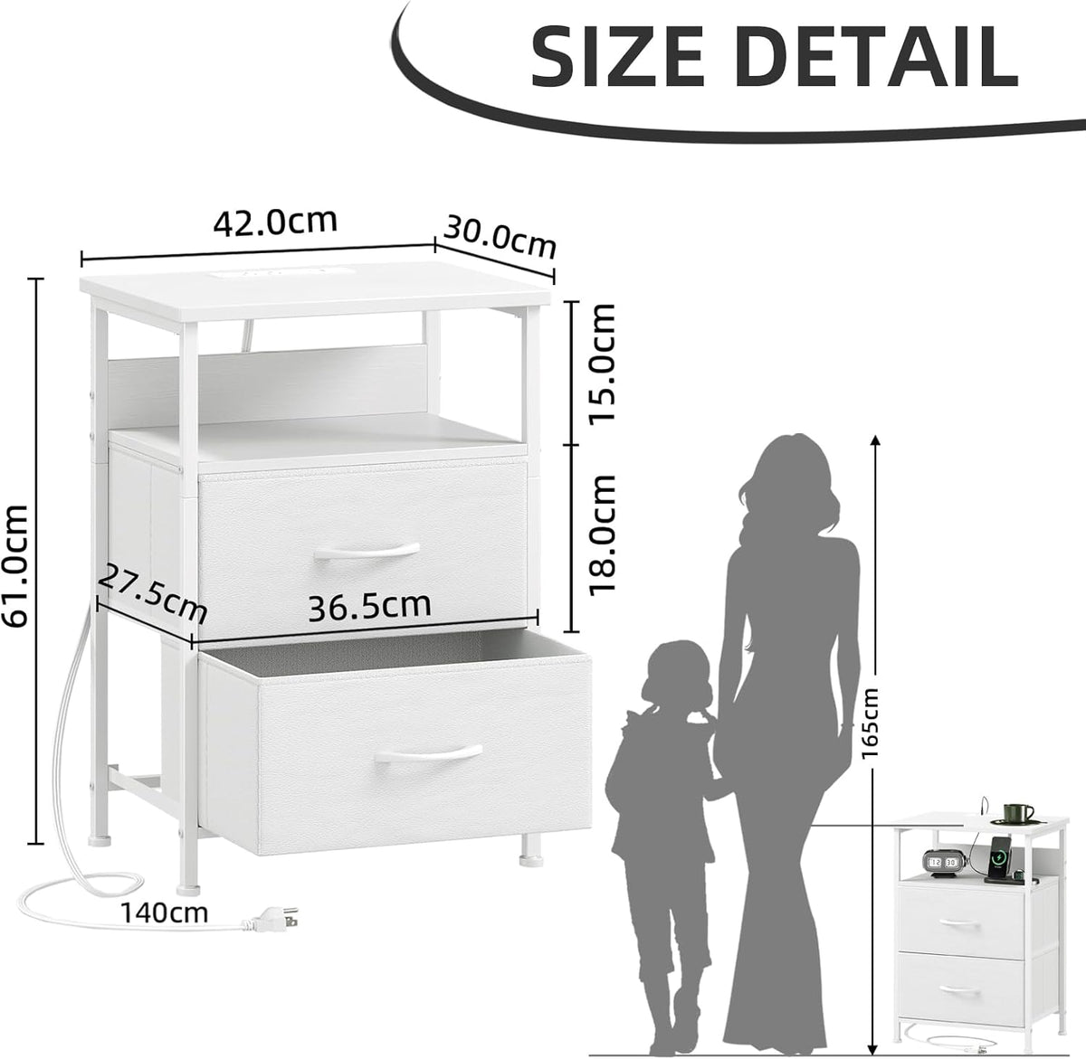 【NS】Bedside Table with Charging Station and LED Light, Bedroom 2 Drawers Bedside Cabinet with 2 Outlets and 2 USB Ports, Bed Side Table for Dorm Kids Room Closet, Wood Grain Print