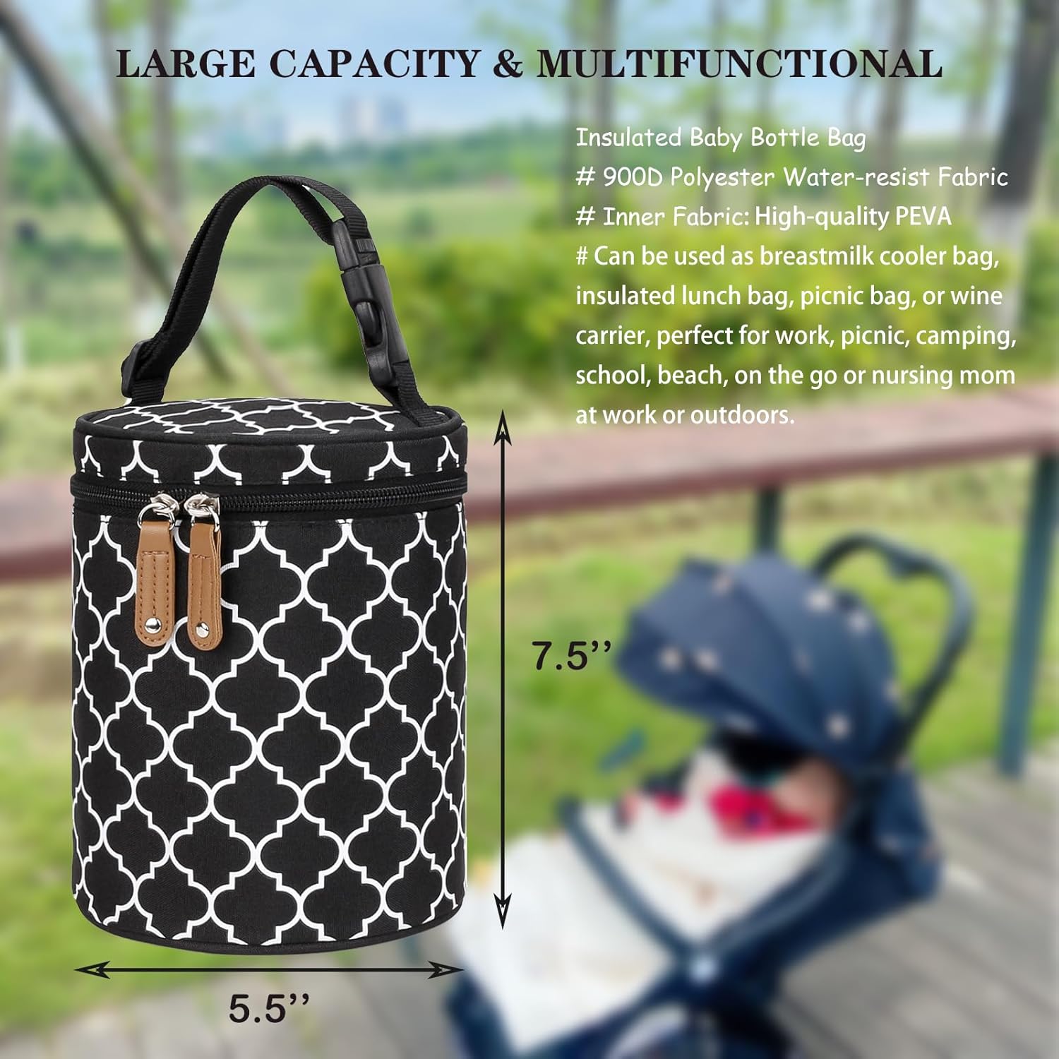 Insulated Baby Bottle Thermal Bag, Portable Breast Milk Cooler Bag Fits 4 Baby Bottles with Ice Pack & Shoulder Strap, Tote Storage Bag Portable Milk Bottle Holder & Carrier (Black & Grey)