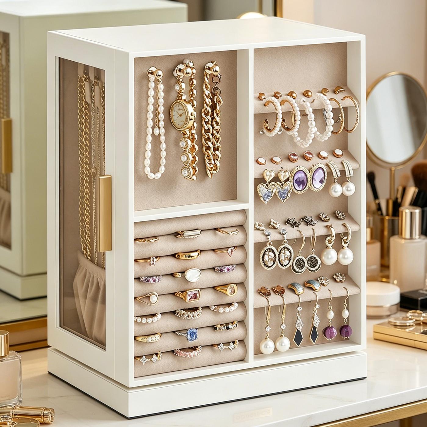 Luxury Cloud 360° Rotating Jewellery Box Organiser, Vertical Large Capacity Jewellery Display Case with 5 Drawers Transparent Window, Open Design Spacious Jewelry Storage Box, Elegant Gift for Women Girls Dresser Desktop Decor