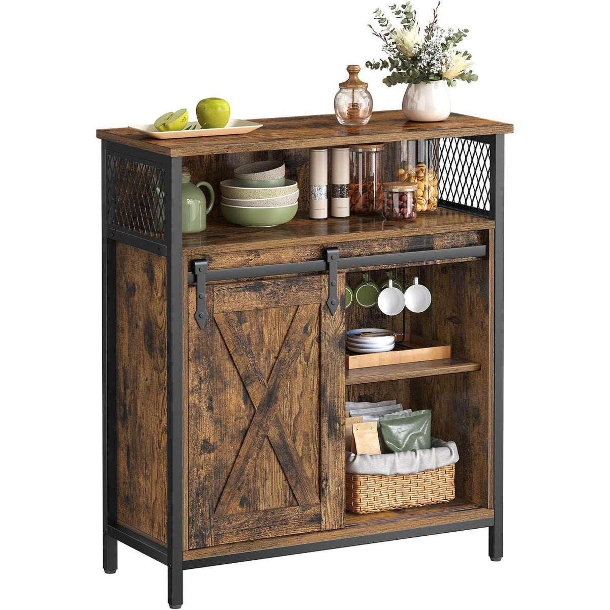 Rustic Sideboard Storage Cabinet with Sliding Barn Door Open Compartment & Adjustable Shelf Freestanding Buffet Unit 30 x 70 x 80 cm Toasted Oak Finish for Living Room Hallway