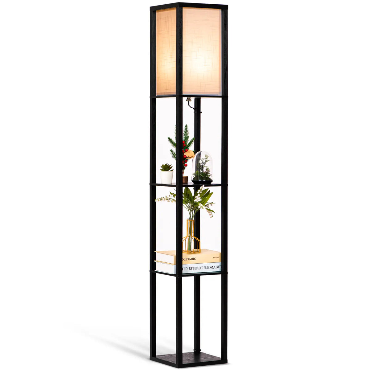 Neviland Floor Lamps with Shelves for Living Room, 3 Layers Morden Standard Lamp with LED Light for Bedroom, Office, Black/Wood/ Gray-brown[Energy Class A]A suitable gift for friends and family on holidays or for moving. Valentine's Day gift