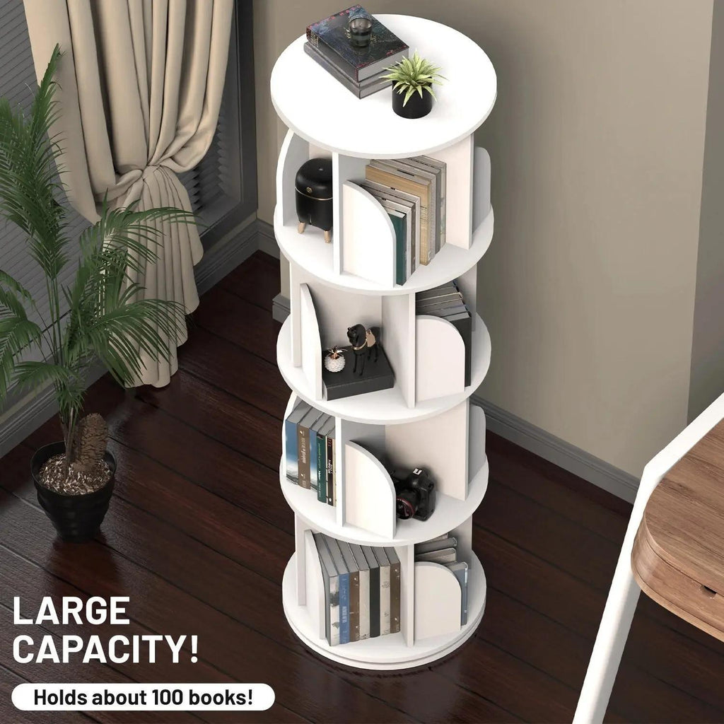 4-Tier 360° Rotating Bookshelf Tower, White Spinning Freestanding Bookcase with Divided Open Storage Compartments, Vertical Rotating Display Shelf Organizer for Bedroom Living Room Study Home Office
