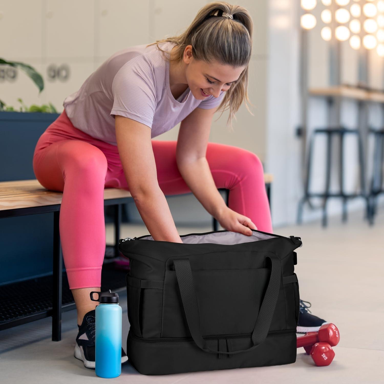 Gym Bag Womens, Travel Duffel Bag, Easyjet Cabin Bag 45x36x20 Underseat, Weekend Bag with Shoes Compartment, Hospital Bag with Wet Pocket & USB Charging Port, Overnight Sports Bag, Beige