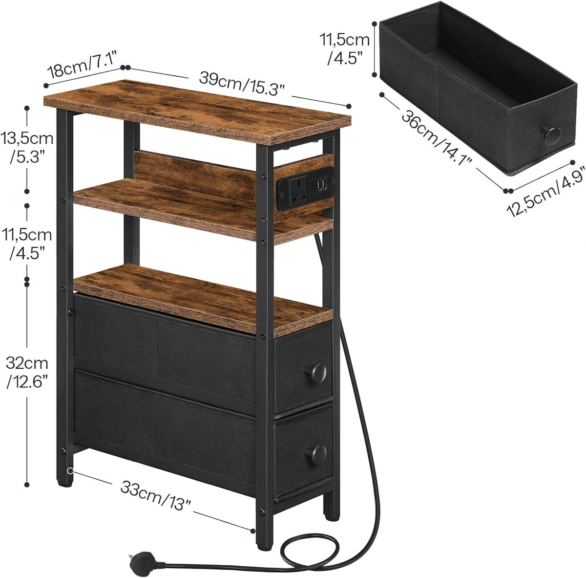 Side Table with Charging Station, Narrow Side Table with 2 Non-Woven Drawers, USB Ports and Power Outlet, 40 x 18 x 60 cm Slim Bedside Table for Small Space, Rustic Brown and Black