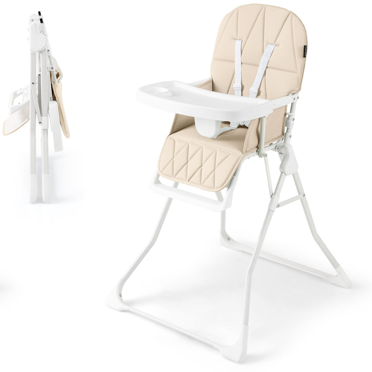 Maxmass Foldable High Chair, Compact High Chair with 3-Position Adjustable Dishwashable Tray, Removable Seat Cushion, 5-Point Safety Harness, Highchair for Baby Infant (Brown with Basket)