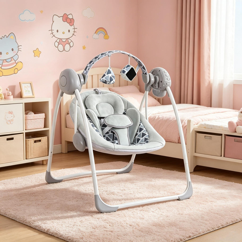 Battery Operated Foldable Baby Swing with 5 Adjustable Swing Speed, Auto Off Timer, Built-in Calming Music & Hanging Toys, Portable Infant Rocker for Newborn Nursery Use