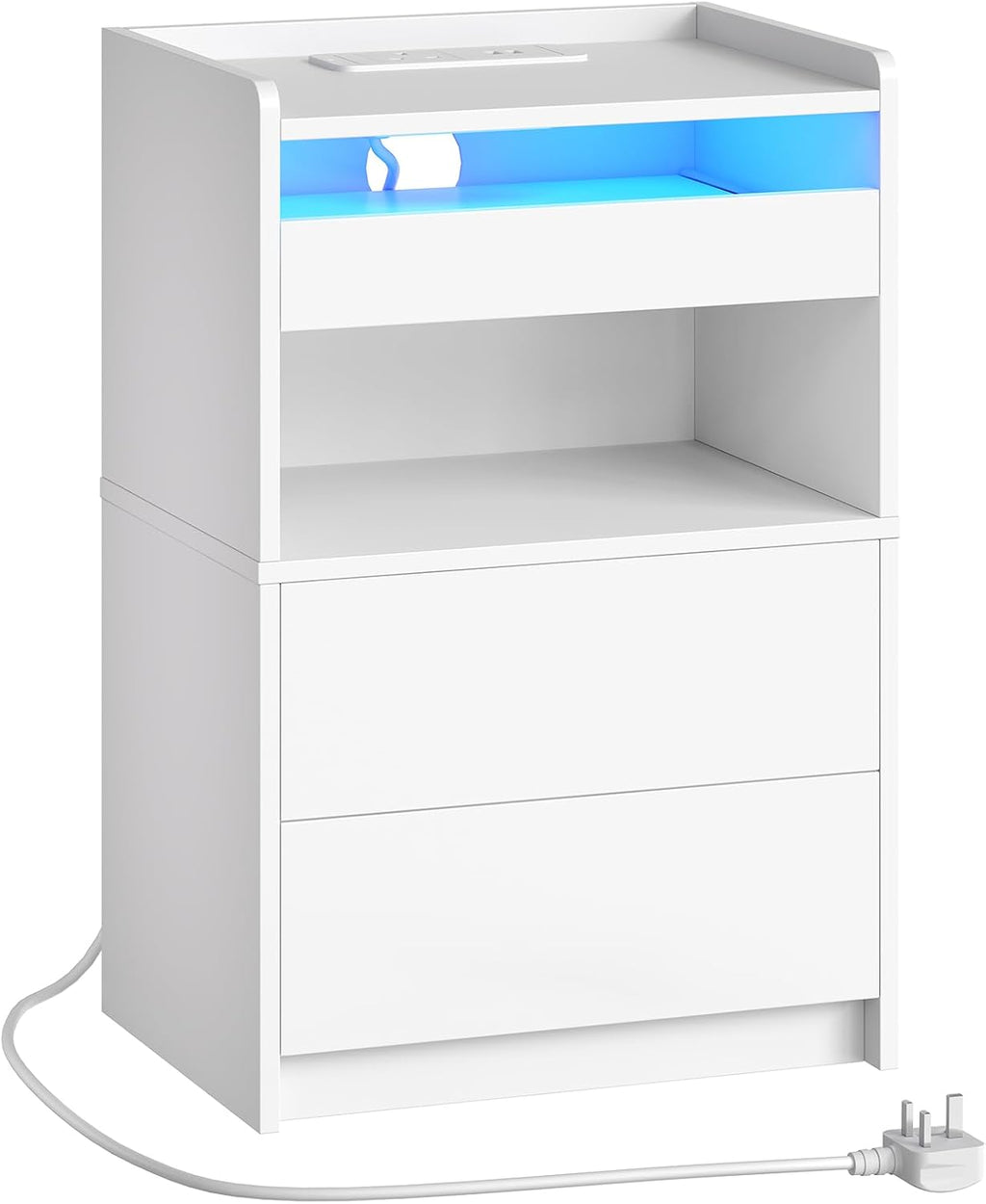 HOOBRO Bedside Table with Charging Station, End Table with 20-Color LED Lights, Nightstand with 1 AC Outlet, 2 USB Ports, 3 Drawers for Bedroom, Living Room, Study, Home Office, White EWT328KDBZ01G1