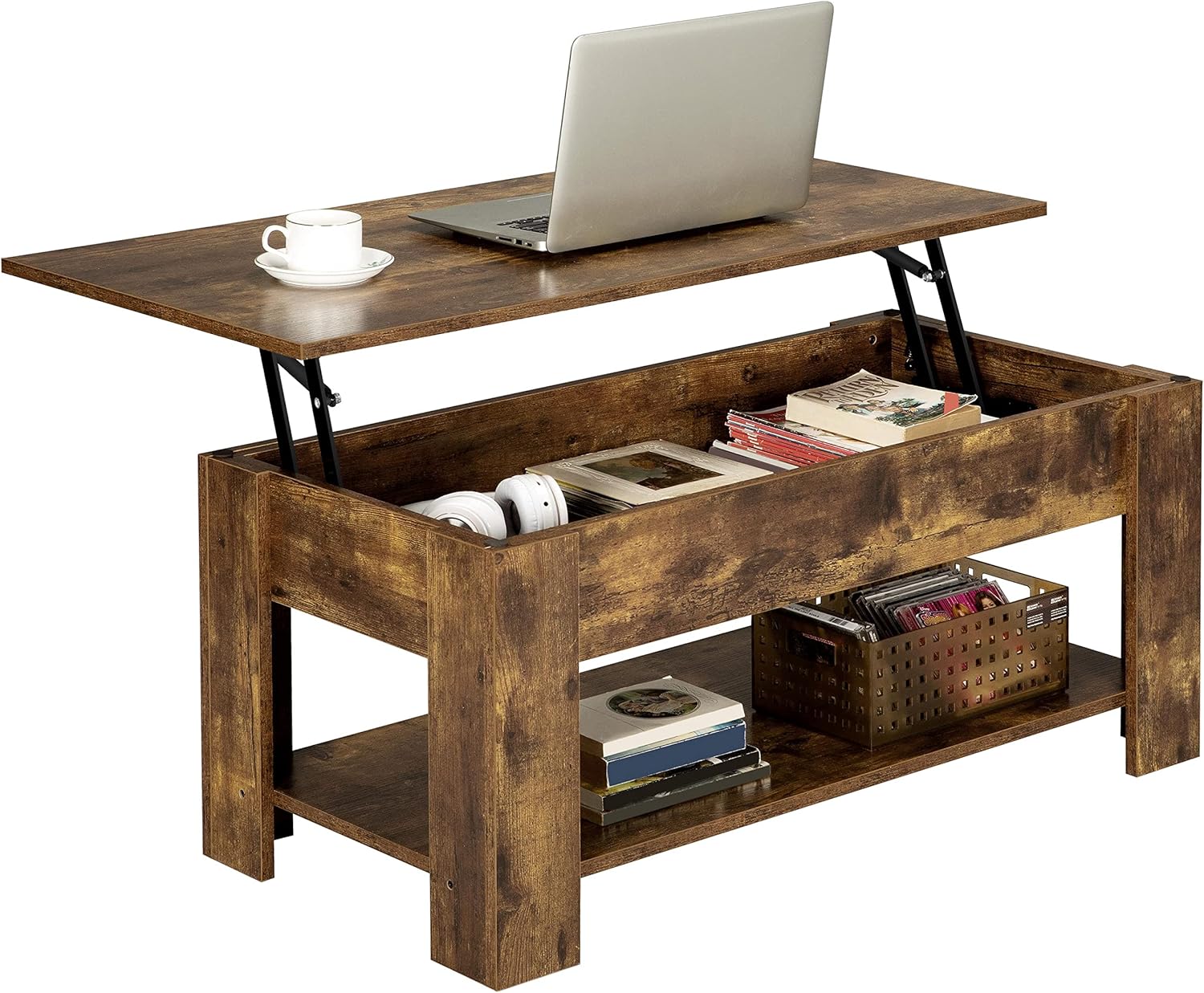 【NS】Lift Up Coffee Table, Wooden Lifting Tea Table with Hidden Storage Drawer and Open Shelf for Living Room/Reception, Rustic Brown, 98x50x(42-56) cm