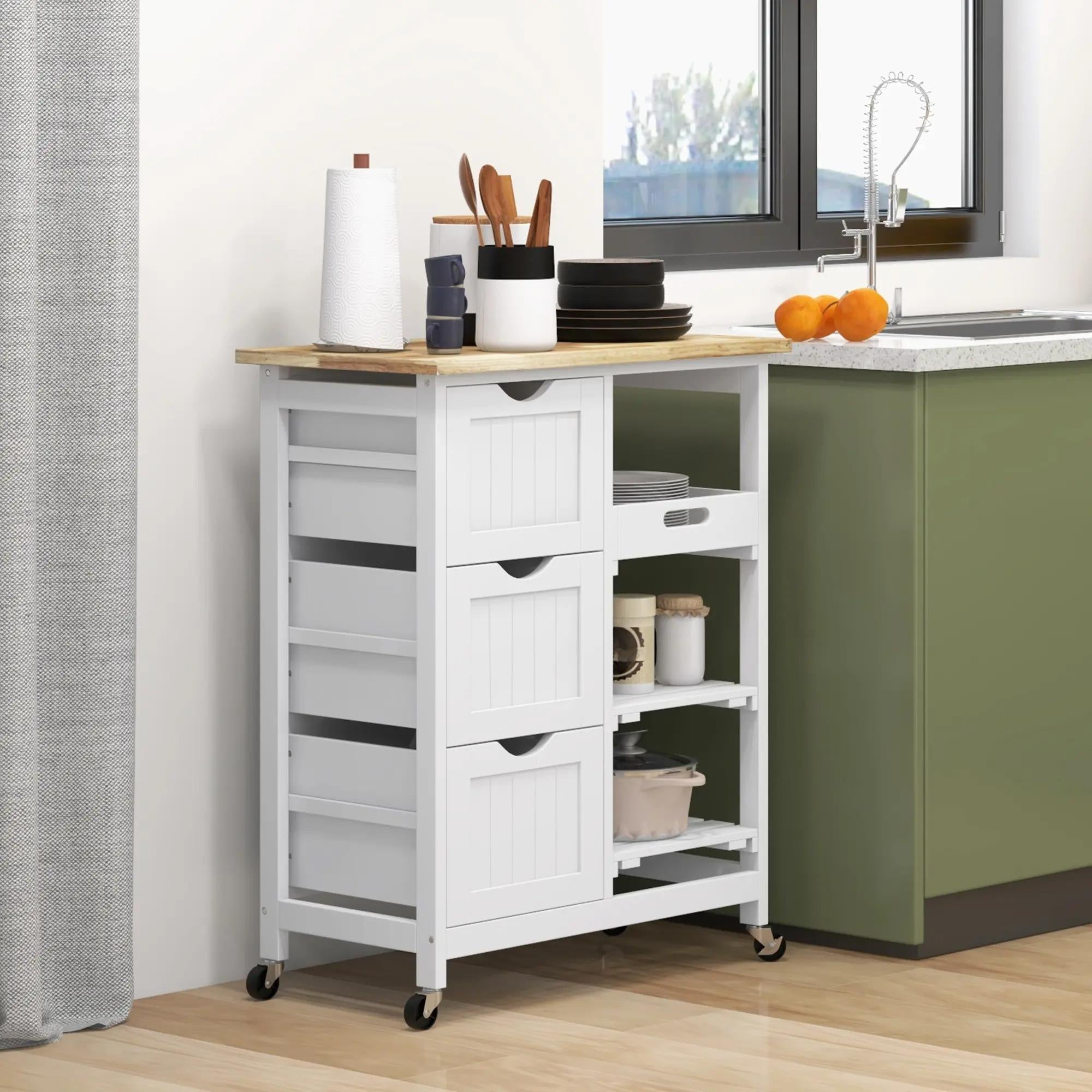 Rolling Kitchen Trolley Cart, Mobile Kitchen Island with Rubberwood Worktop, White MDF Storage Cart with 3 Drawers, Open Shelves & Removable Serving Tray, Lockable Wheels for Dining & Kitchen Storage