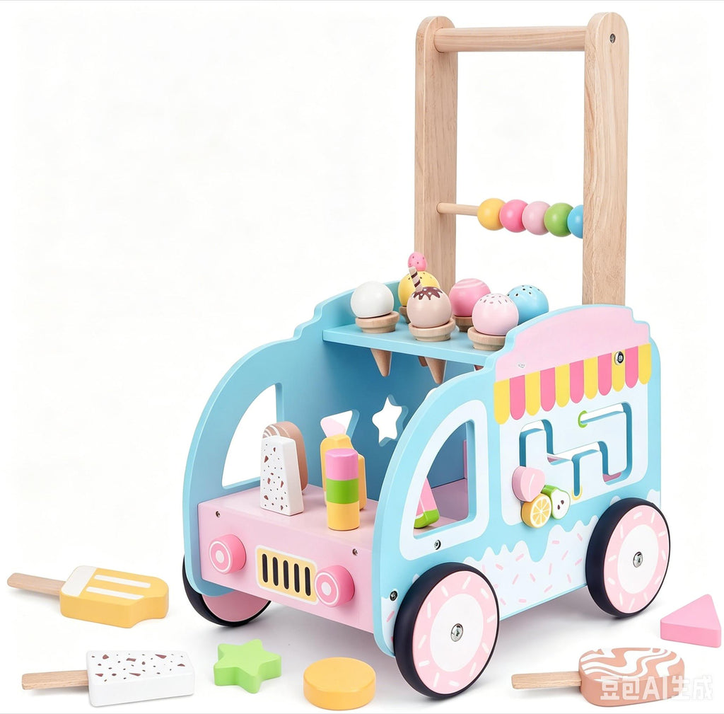 Multifunctional Wooden Ice Cream Shop Push Walker with Silent Wheels Pretend Play Store Activity Center Early Educational Walking Toy Improve Hand Eye Coordination for Toddler Kids 1 2 3 Years Old Girls Boys Ideal Birthday Holiday Present Free