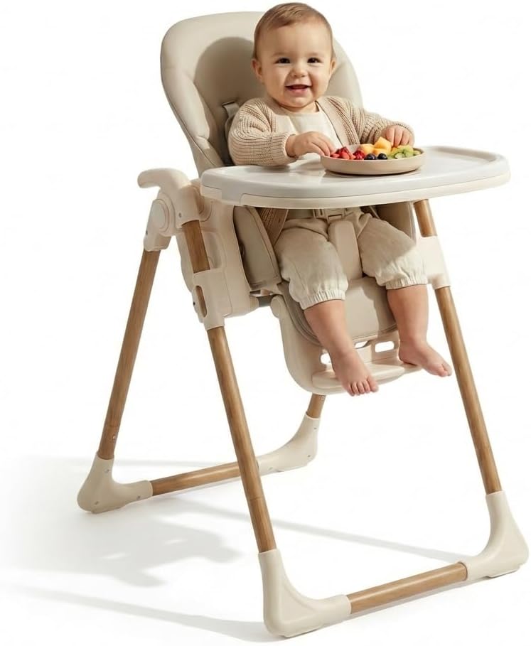 Venture Flare High Chair – Adjustable Highchair with Reclining Seat, Foldable Baby High Chair with Removable Tray & Dishwasher-Safe Liner, Compact Space-Saving Design, 6 Months to 3 Years - Beige
