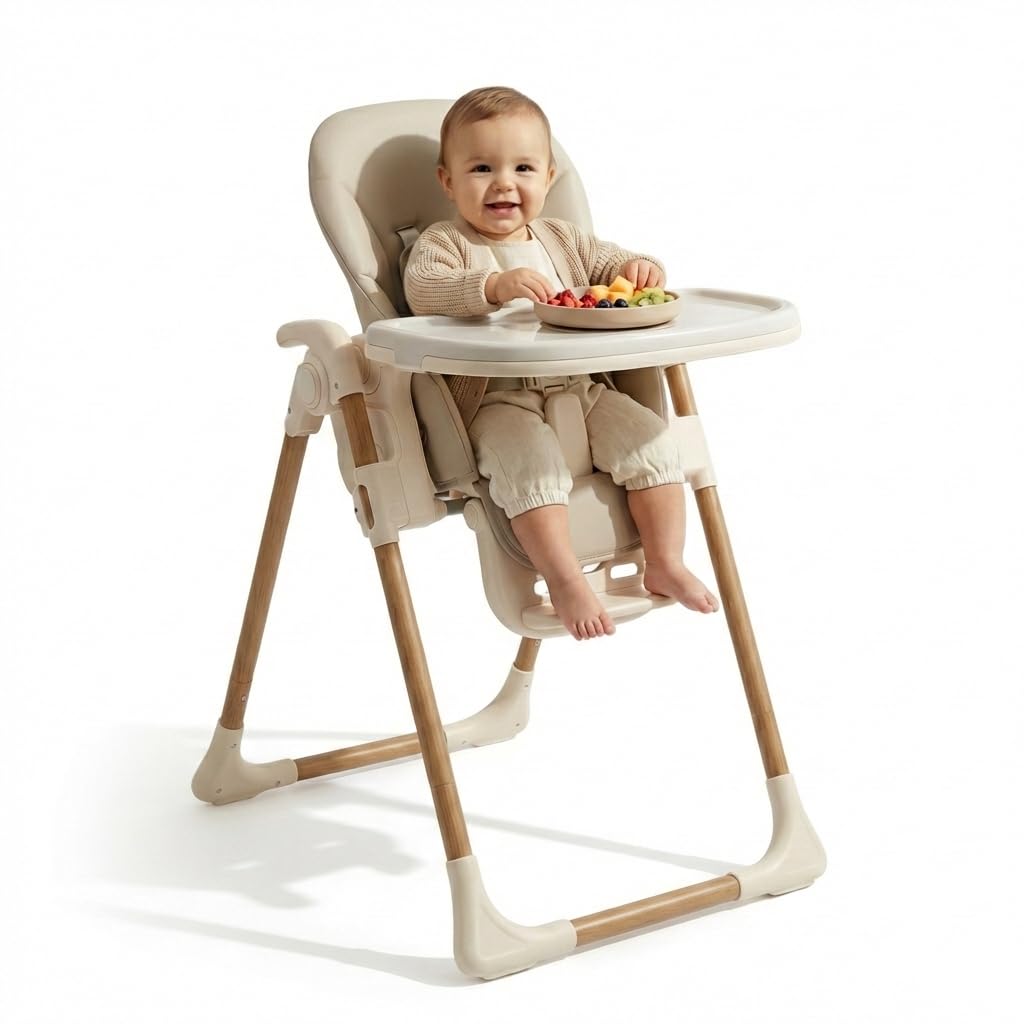 Venture Flare High Chair – Adjustable Highchair with Reclining Seat, Foldable Baby High Chair with Removable Tray & Dishwasher-Safe Liner, Compact Space-Saving Design, 6 Months to 3 Years - Beige