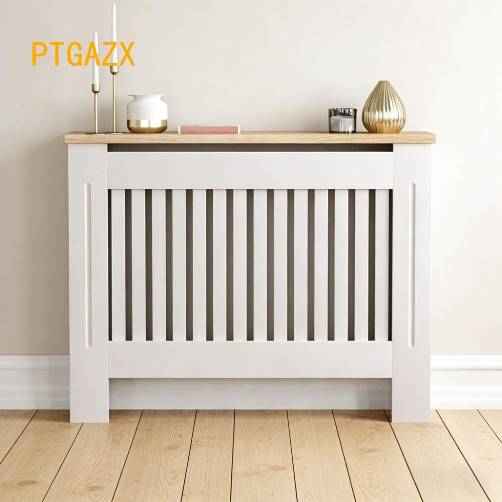 White MDF Radiator Cover with Wood Shelf - White -  Modern Swing-style Vertical Grille Design for Optimal Heat Circulation - Painted MDF Cabinet with Wooden Upper Shelf