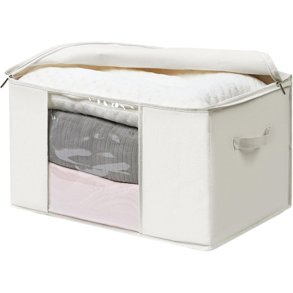 Large Storage Bags with Zip and Clear Window, Cotton Blended Fabric Storage Containers for Seasonal Clothes and Bedding, 60x40x35 cm, 2-Pack, Beige