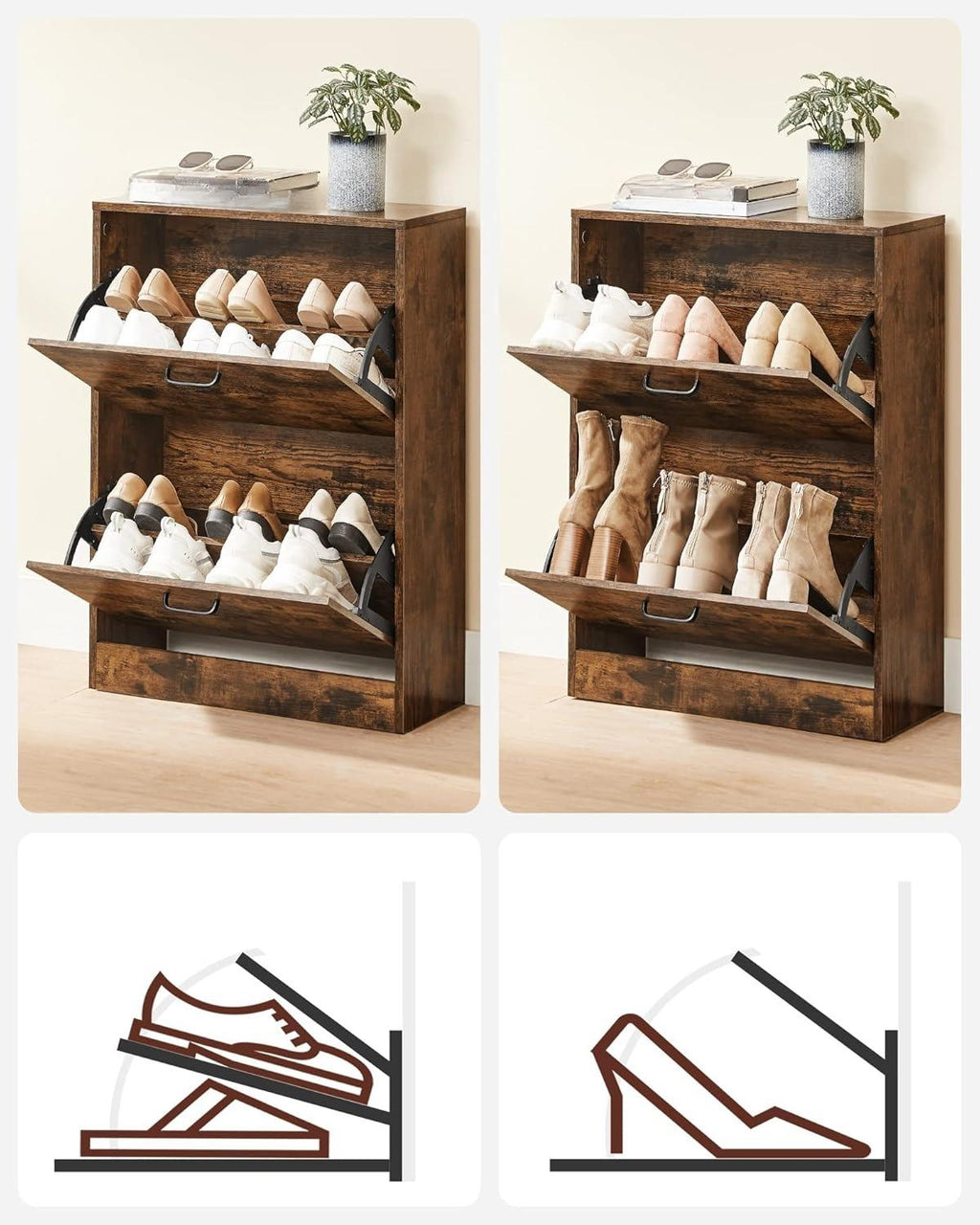 Shoe Cabinet With 2 Flip Doors, Adjustable And Removable Divider, 12 Pairs Of Women's Shoes Or 8 Men's Shoes, Narrow Entrance, 60 X 24 X 83.5 (L X W X H), Rustic Brown LBC02BX