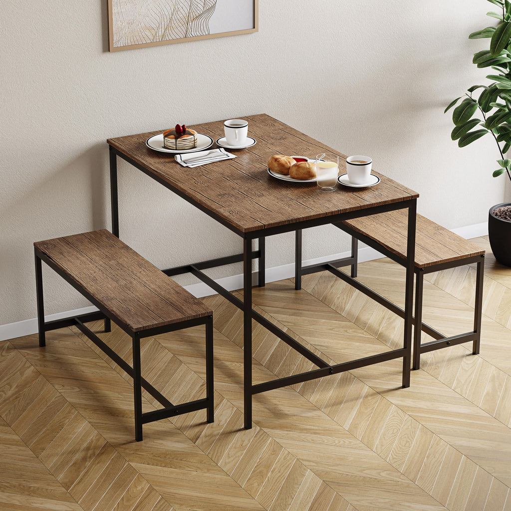 Industrial 3‑Piece Dining Table & Bench Set, 4‑Seater Space‑Saving Kitchen Dining Furniture, Heavy‑Duty Powder‑Coated Metal Frame & Durable MDF Tabletop for Dining Room, Small Apartment