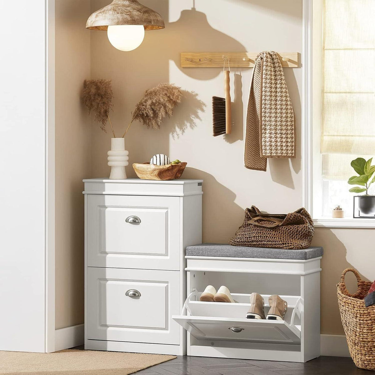 Narrow Flip Drawer Shoe Storage Bench, 2‑Tier Hidden Shoe Rack Cabinet with Removable Padded Seat Cushion, 150kg Heavy‑Duty Load Capacity, Space‑Saving Entryway Organiser for Hallway Bedroom Mudroom, Multiple Colour Options