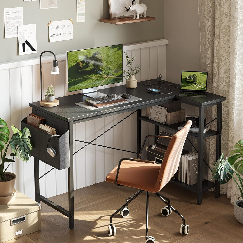 Small L Shaped Desk - 100x70cm Gaming Corner Computer Desk Writing Table, Reversible Large Storage Shelves, Bookshelf Workstation for Study Play Work Home Office Black