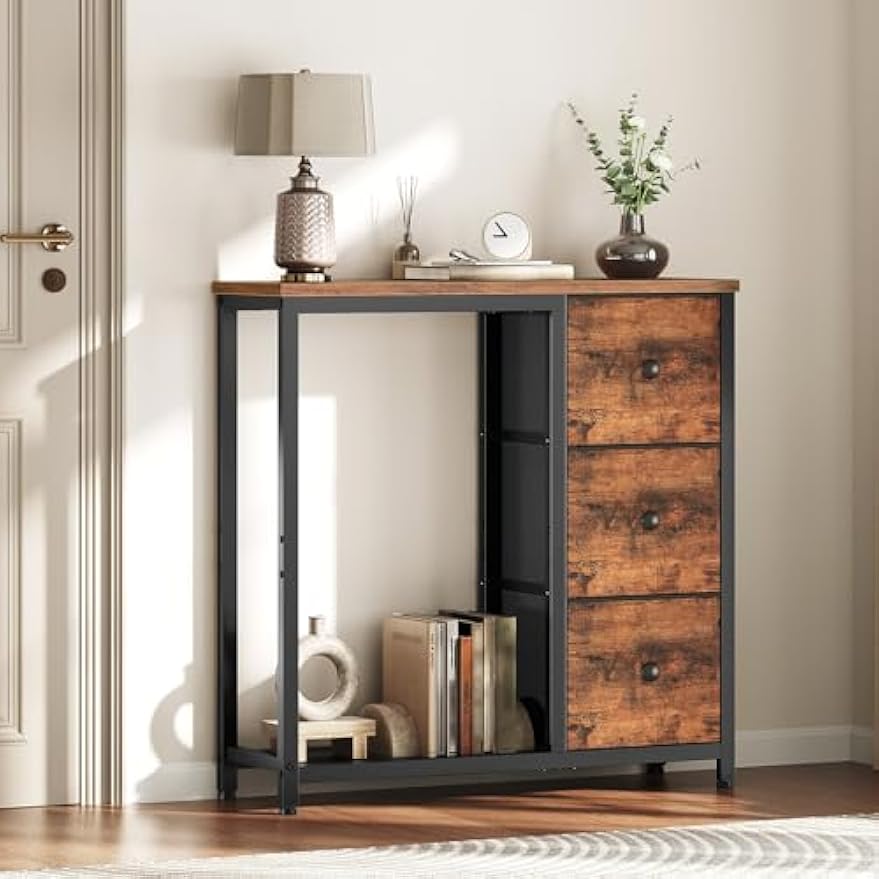 【NS】Slim Console Table, Sofa Table with 3 Fabric Drawers, Hallway Table with 2-Tier Storage Shelf, Industrial Storage Table, for Entryway, Living Room, Corridor, Rustic Brown and Black