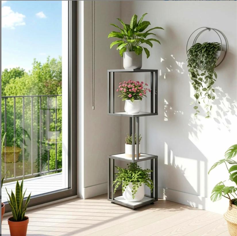 Modern Ladder Plant Stand, 3/4/5 Tier Wood & Metal Vertical Flower Pot Holder, Freestanding Display Shelf for Indoor Outdoor Home Living Room Patio Garden
