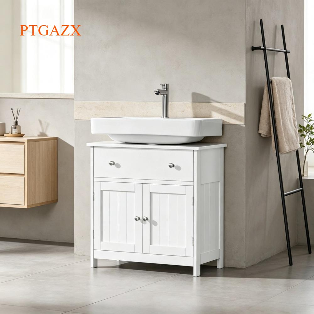 White Under Sink Bathroom Cabinet, Freestanding Storage Unit with 2 Doors and Divided Drawers, Compact for Small Spaces, 60x30x60 cm [Plus A Free Gift]