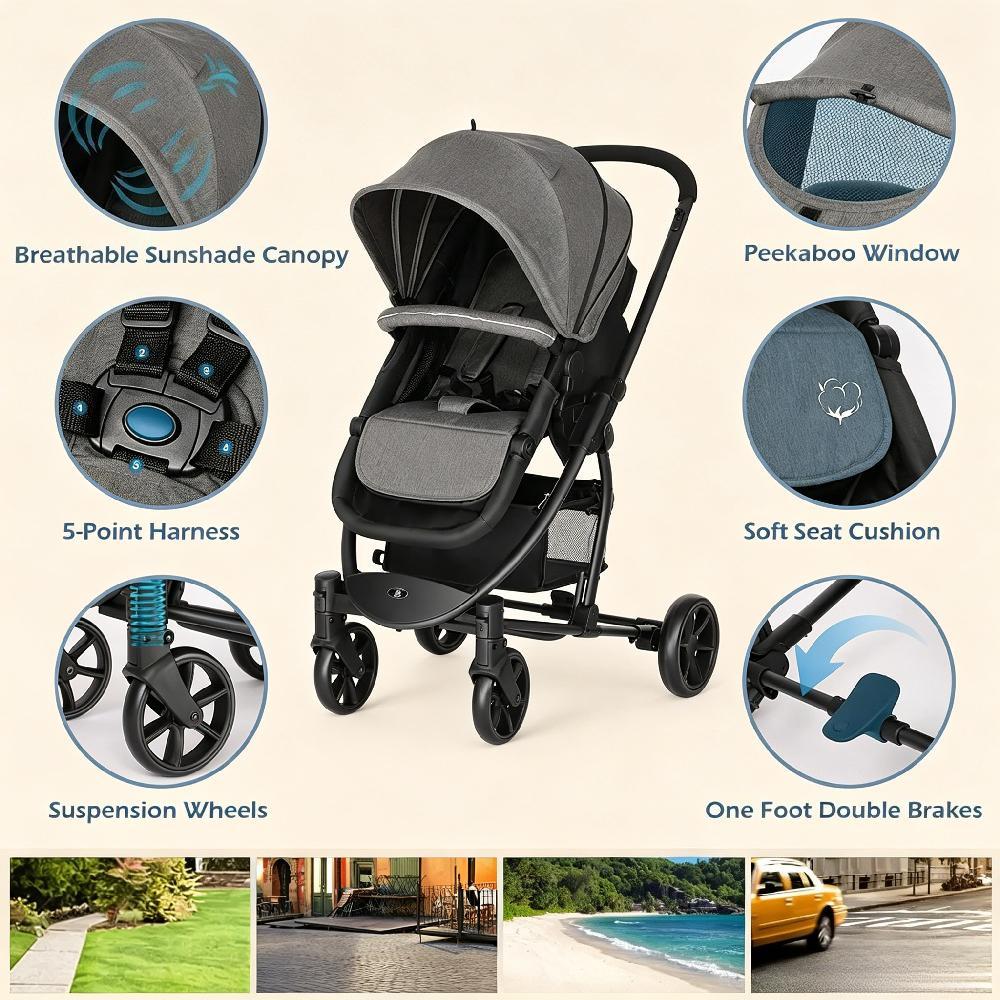 Lightweight Foldable Pushchair Travel with Rain Cover and Footmuff, Carrycot and Reversible Seat, Suitable from Birth to 3 Years with Lie-Flat Function [Plus A Free Gift]