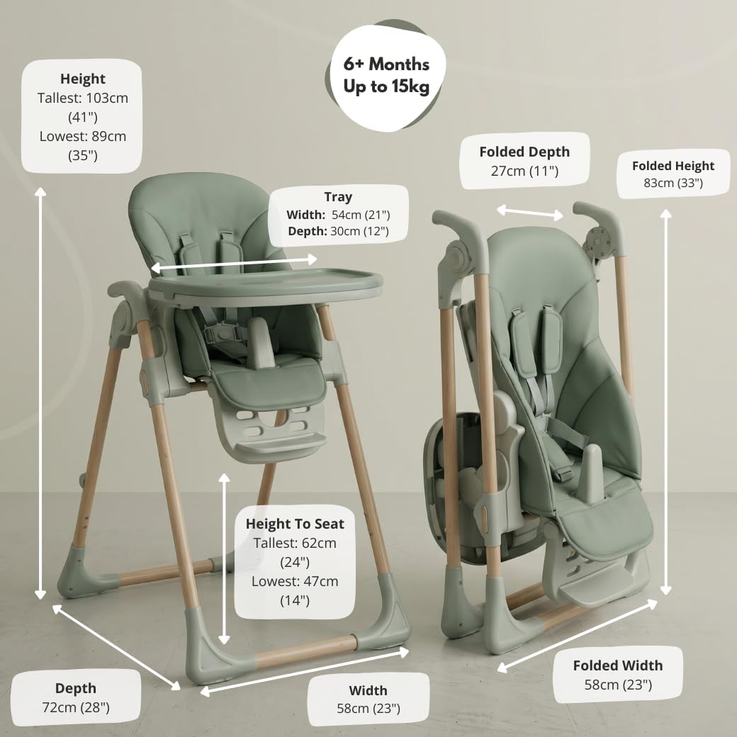 Foldable Baby High Chair, Multi Adjustable Height & Recline Highchair for Mealtimes, Slim Space Saving Frame, Detachable Washable Seat Cover, Safe Feeding Chair for Babies & Toddlers Up To 15kg